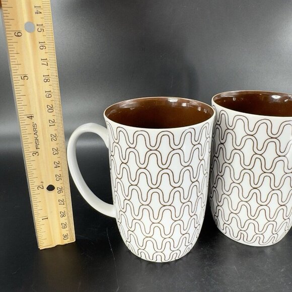 1970s FITZ & FLOYD FISHNET COFFEE MUG CUP BROWN WHITE HANDLED MUG SET 2 Pcs - Picture 5 of 13